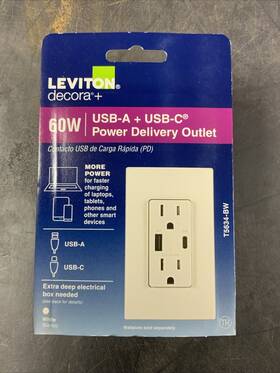 T5634-bw Leviton Decor 60w Usb-a Usb-c Power Delivery Outlet Item White New