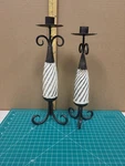 Pair Wrought Iron Candle Holders Scroll Metal Rustic Farmhouse White Wood Spiral. Fixed Price $34.99.